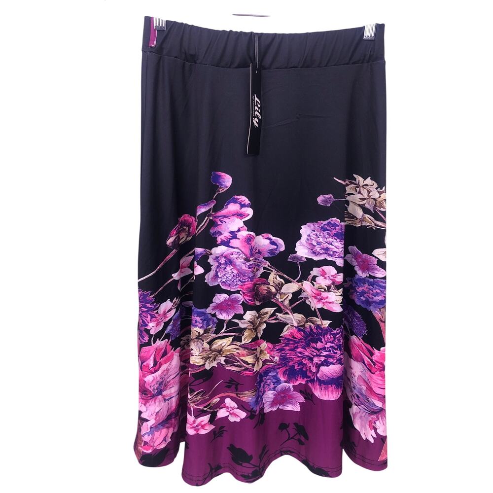 Lily Asian Floral Flowy Elastic Waist Ruffle Feminine A-Line Midi Skirt Size S